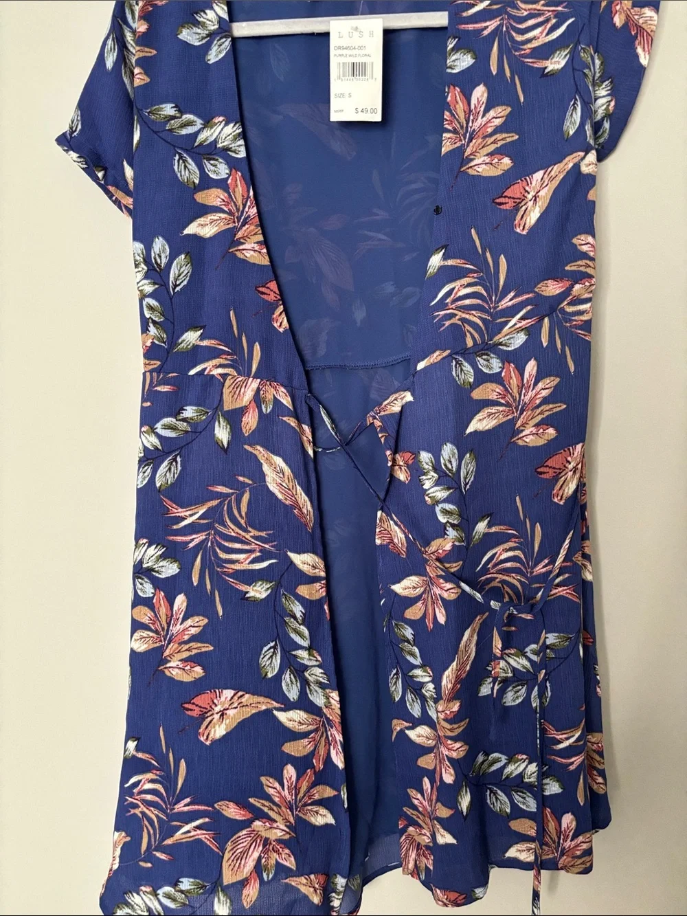 Lush Blue Floral Wrap Mini Dress with Pink & Cream Leaves